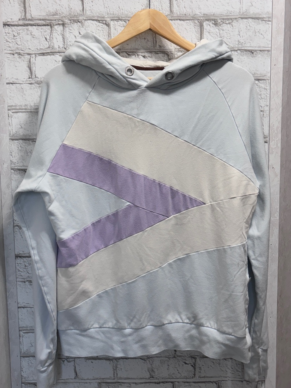 Women’s Light Blue Hooded Sweater with Cream and Lavender Panels